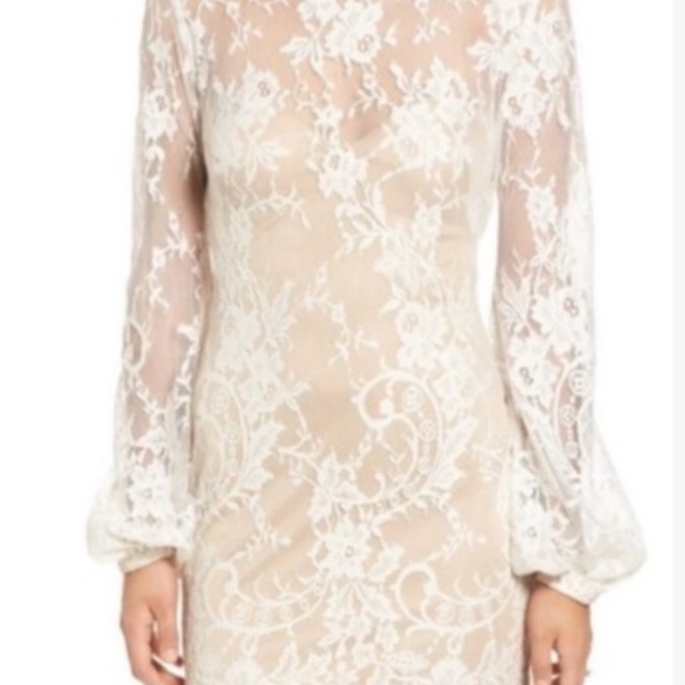 Katie May LA White Lace Long Sleeve Bodycon Dress Sheer Floral Small